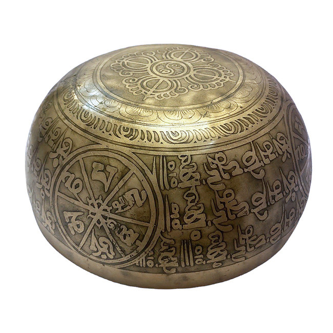 Поющая чаша кованая с буддийскими символами (20 см, нота: Ре)