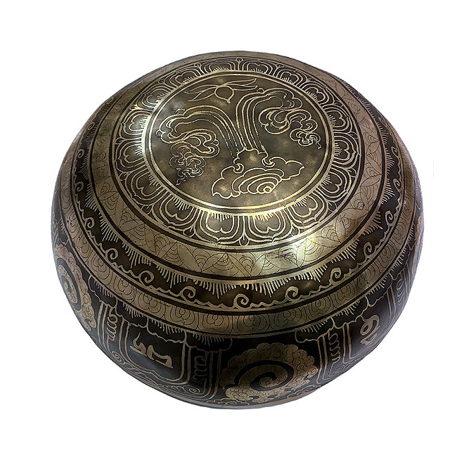 Поющая чаша кованая темная с буддийскими символами (25 см, нота: До)